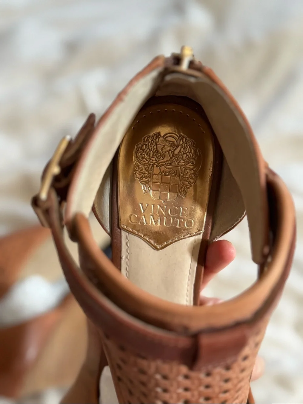 Vince Camuto Woven Cognac Brown Open-Toe Ankle Heels